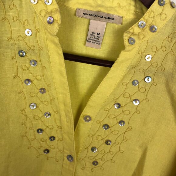 E-col-o-gie Yellow Embroidered Linen Button Front Long Sleeve Shirt Women Medium - Picture 7 of 7